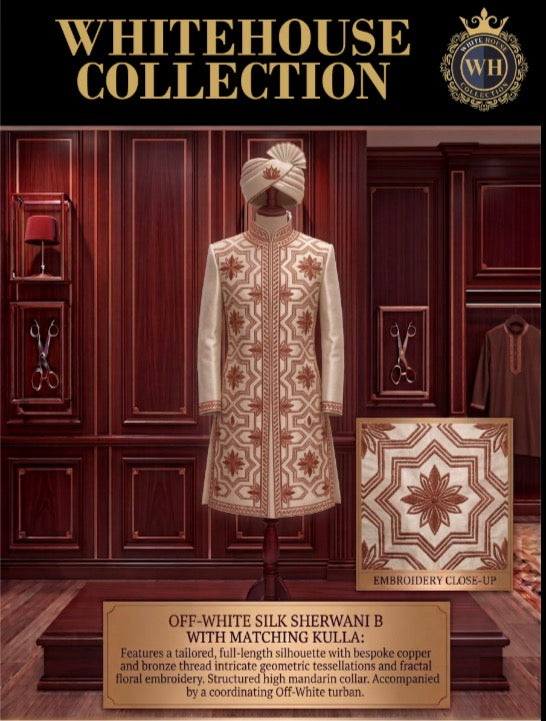 White House Collection: Premium Off-White Silk Sherwani with Geometric Embroidery & Bespoke Stitching